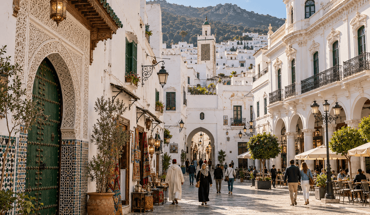 Tetouan, Morocco, featuring the UNESCO-listed historic Medina, traditional whitewashed buildings, Spanish-era colonial architecture, charming pedestrian streets.
