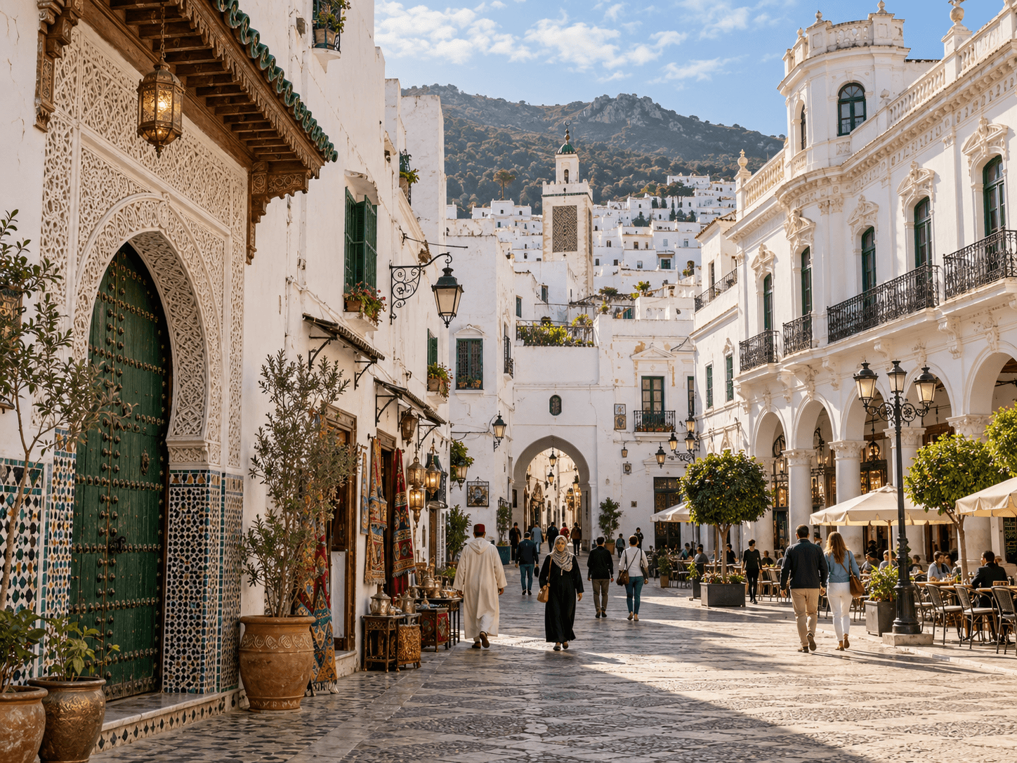Tetouan, Morocco, featuring the UNESCO-listed historic Medina, traditional whitewashed buildings, Spanish-era colonial architecture, charming pedestrian streets.